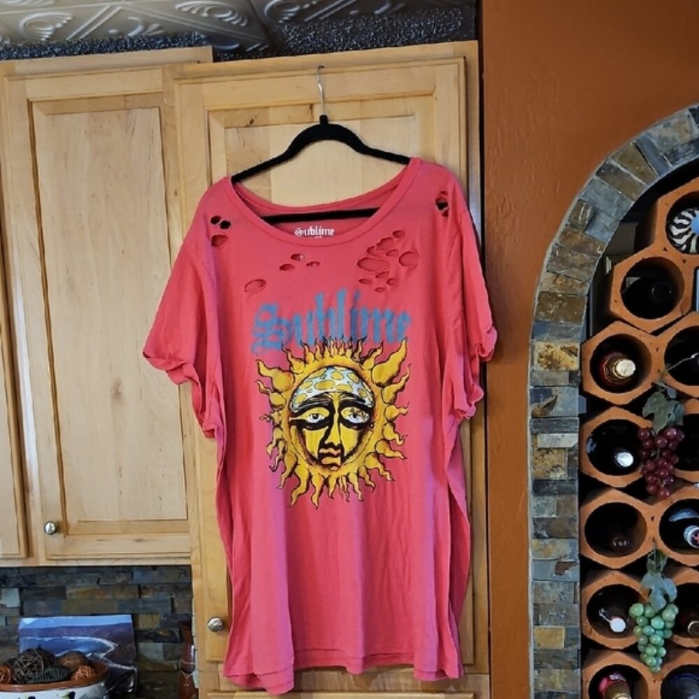 Torrid Sublime Relaxed Fit Cotton Distressed Tunic T-Shirt Tee Top Pink Yellow - Picture 1 of 3
